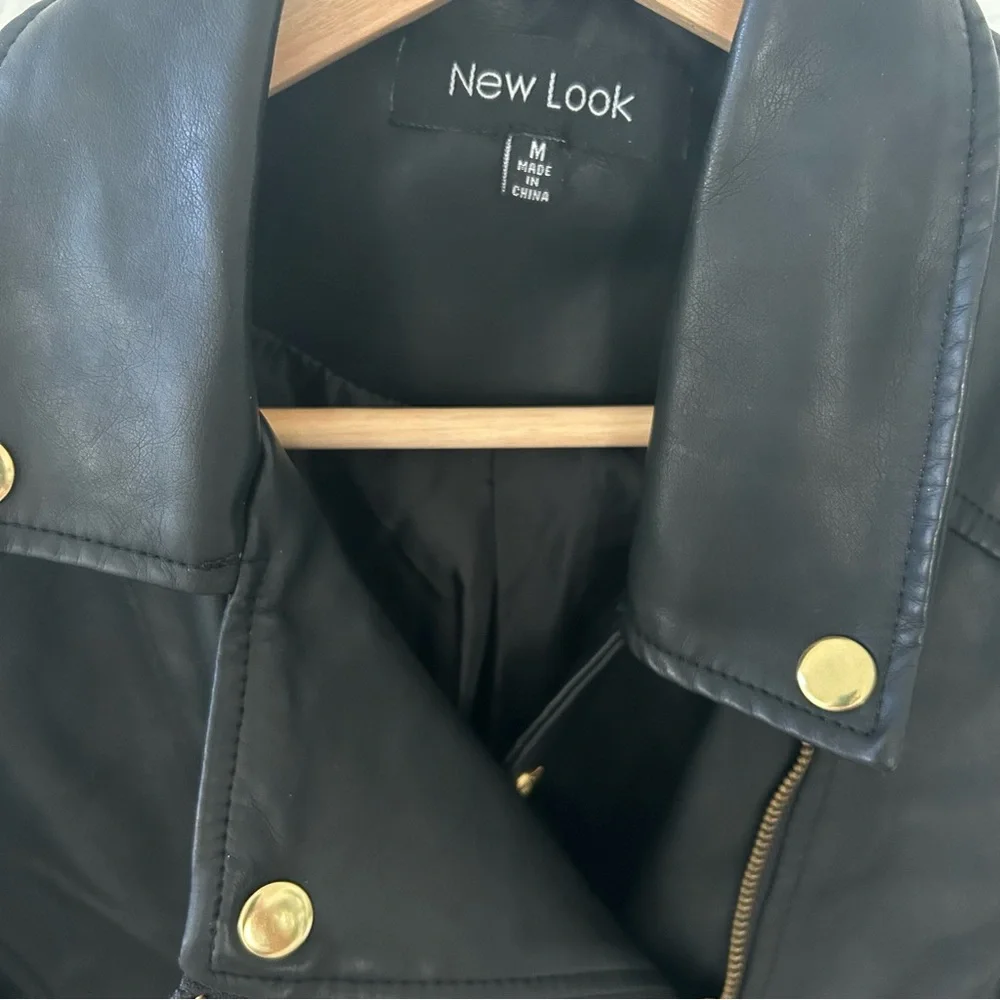 Women’s Moto Jacket Faux Black Leather Sz Medium Gold-Tone Zippers Bikercore